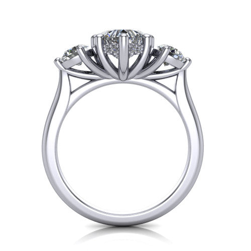 Edith heart hidden halo engagement ring in 18K White Gold, through-finger front profile showing the three-stone head and tall basket with hidden halo visible from the side