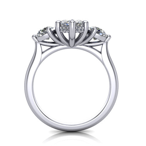 Edith marquise hidden halo engagement ring in Platinum, through-finger front profile showing the three-stone head and tall basket with hidden halo visible from the side