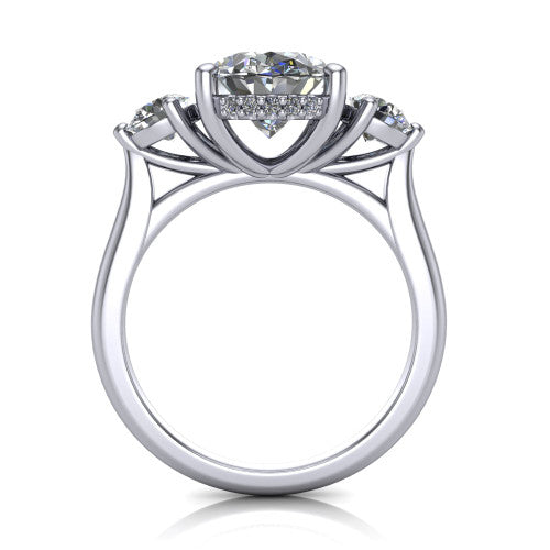 Edith oval hidden halo engagement ring in 14K White Gold, through-finger front profile showing the three-stone head and tall basket with hidden halo visible from the side