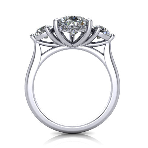 Edith pear hidden halo engagement ring in 14K White Gold, through-finger front profile showing the three-stone head and tall basket with hidden halo visible from the side