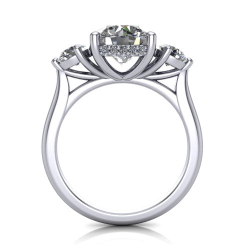 Edith round hidden halo engagement ring in 14K White Gold, through-finger front profile showing the three-stone head and tall basket with hidden halo visible from the side