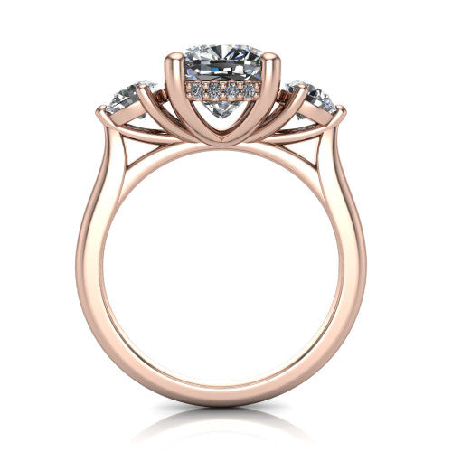 Edith cushion hidden halo engagement ring in 18K Rose Gold, through-finger front profile showing the three-stone head and tall basket with hidden halo visible from the side
