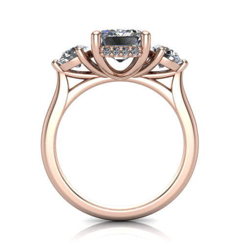 Edith emerald hidden halo engagement ring in 14K Rose Gold, through-finger front profile showing the three-stone head and tall basket with hidden halo visible from the side