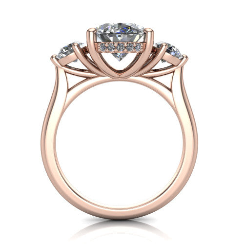 Edith oval hidden halo engagement ring in 14K Rose Gold, through-finger front profile showing the three-stone head and tall basket with hidden halo visible from the side