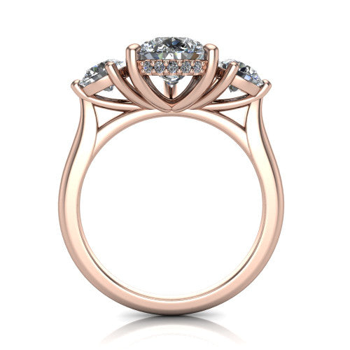 Edith pear hidden halo engagement ring in 14K Rose Gold, through-finger front profile showing the three-stone head and tall basket with hidden halo visible from the side
