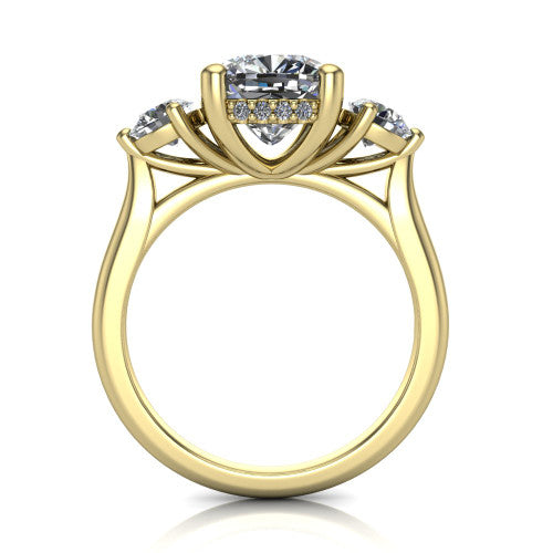 Edith cushion hidden halo engagement ring in 14K Yellow Gold, through-finger front profile showing the three-stone head and tall basket with hidden halo visible from the side