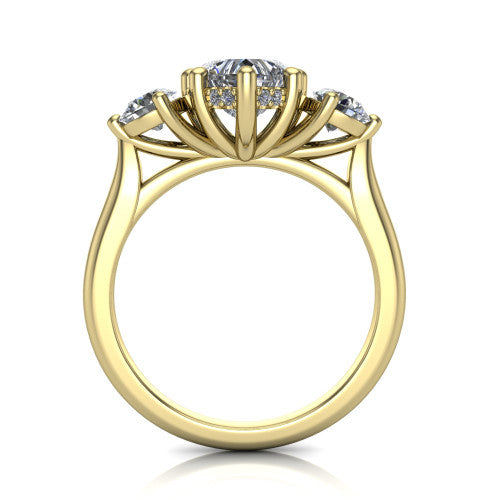 Edith heart hidden halo engagement ring in 14K Yellow Gold, through-finger front profile showing the three-stone head and tall basket with hidden halo visible from the side