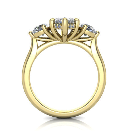 Edith marquise hidden halo engagement ring in 14K Yellow Gold, through-finger front profile showing the three-stone head and tall basket with hidden halo visible from the side