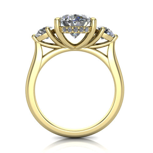Edith oval hidden halo engagement ring in 18K Yellow Gold, through-finger front profile showing the three-stone head and tall basket with hidden halo visible from the side