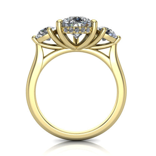 Edith pear hidden halo engagement ring in 14K Yellow Gold, through-finger front profile showing the three-stone head and tall basket with hidden halo visible from the side