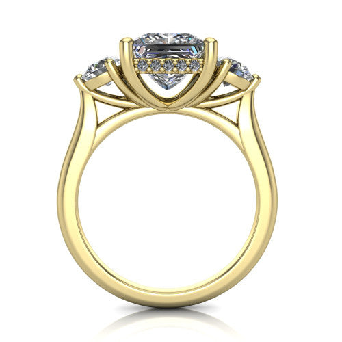 Edith princess hidden halo engagement ring in 14K Yellow Gold, through-finger front profile showing the three-stone head and tall basket with hidden halo visible from the side