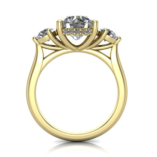 Edith round hidden halo engagement ring in 18K Yellow Gold, through-finger front profile showing the three-stone head and tall basket with hidden halo visible from the side