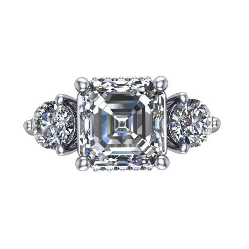 Edith square emerald hidden halo engagement ring in 18K White Gold, top-down view showing the step-cut square emerald center diamond with two matched round side diamonds and the hidden pave halo peeking from beneath