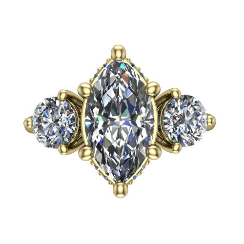 Edith marquise hidden halo engagement ring in 18K Yellow Gold, top-down view showing the brilliant marquise center diamond with two matched round side diamonds and the hidden pave halo peeking from beneath