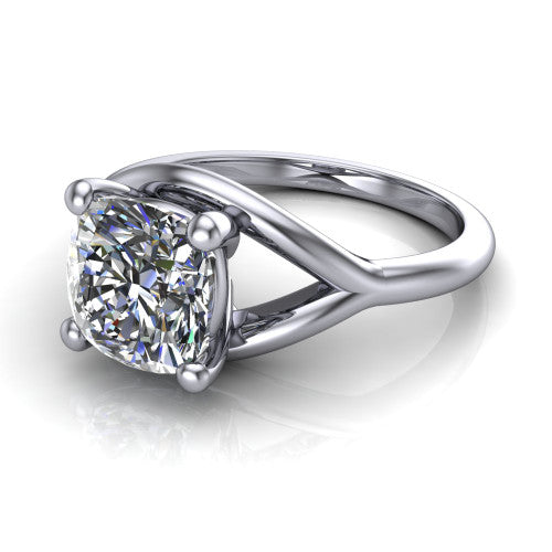 Margot cushion solitaire engagement ring in 18K White Gold, three-quarter perspective showing the brilliant cushion-cut center diamond on a marquise leaf split shank
