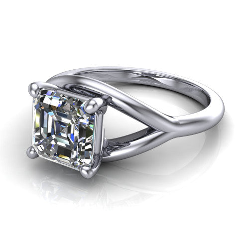 Margot square emerald solitaire engagement ring in 14K White Gold, three-quarter perspective showing the step-cut square emerald center diamond on a marquise leaf split shank