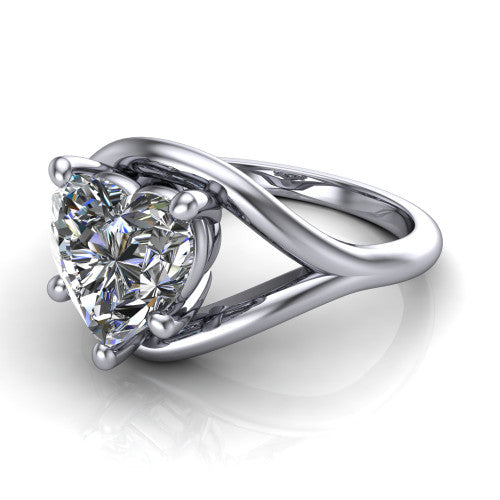 Margot heart solitaire engagement ring in 18K White Gold, three-quarter perspective showing the brilliant heart-shaped center diamond on a marquise leaf split shank