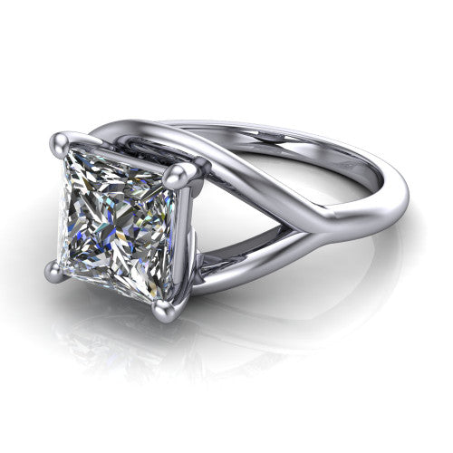 Margot princess solitaire engagement ring in 14K White Gold, three-quarter perspective showing the brilliant princess-cut center diamond on a marquise leaf split shank