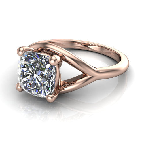 Margot cushion solitaire engagement ring in 14K Rose Gold, three-quarter perspective showing the brilliant cushion-cut center diamond on a marquise leaf split shank