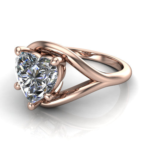 Margot heart solitaire engagement ring in 18K Rose Gold, three-quarter perspective showing the brilliant heart-shaped center diamond on a marquise leaf split shank