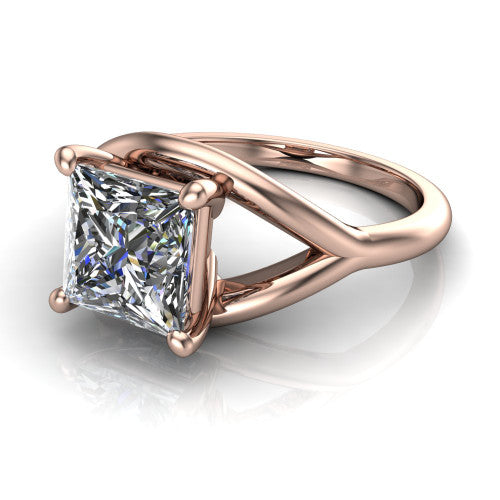 Margot princess solitaire engagement ring in 18K Rose Gold, three-quarter perspective showing the brilliant princess-cut center diamond on a marquise leaf split shank