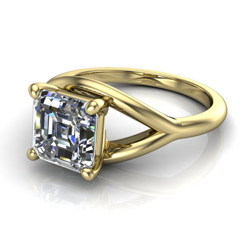 Margot square emerald solitaire engagement ring in 18K Yellow Gold, three-quarter perspective showing the step-cut square emerald center diamond on a marquise leaf split shank