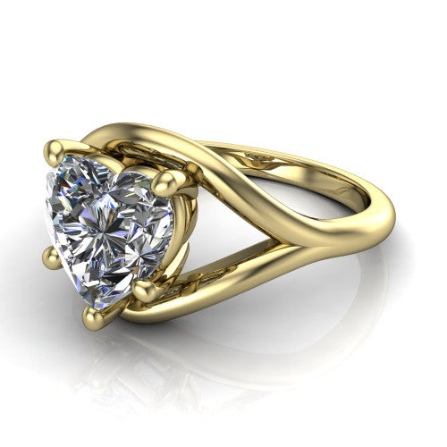 Margot heart solitaire engagement ring in 14K Yellow Gold, three-quarter perspective showing the brilliant heart-shaped center diamond on a marquise leaf split shank