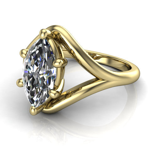 Margot marquise solitaire engagement ring in 14K Yellow Gold, three-quarter perspective showing the brilliant marquise center diamond on a marquise leaf split shank