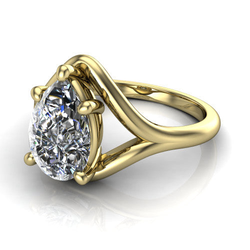 Margot pear solitaire engagement ring in 14K Yellow Gold, three-quarter perspective showing the brilliant pear-cut center diamond on a marquise leaf split shank