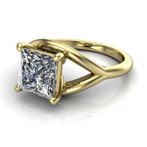 Margot princess solitaire engagement ring in 14K Yellow Gold, three-quarter perspective showing the brilliant princess-cut center diamond on a marquise leaf split shank