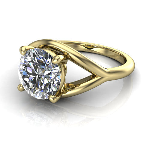 Margot round solitaire engagement ring in 18K Yellow Gold, three-quarter perspective showing the brilliant round center diamond on a marquise leaf split shank