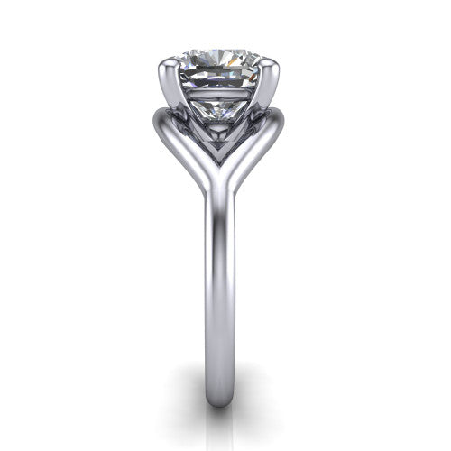 Margot cushion solitaire engagement ring in Platinum, side profile showing the marquise leaf split shank and slim polished band