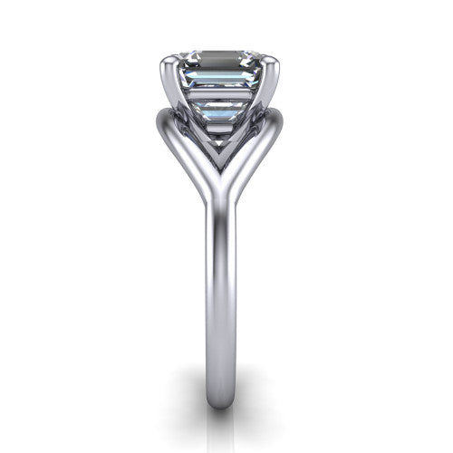 Margot square emerald solitaire engagement ring in 18K White Gold, side profile showing the marquise leaf split shank and slim polished band