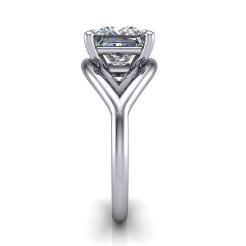 Margot princess solitaire engagement ring in Platinum, side profile showing the marquise leaf split shank and slim polished band