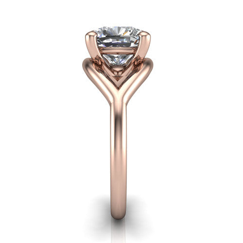 Margot cushion solitaire engagement ring in 14K Rose Gold, side profile showing the marquise leaf split shank and slim polished band