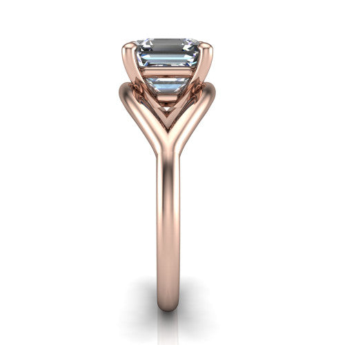 Margot square emerald solitaire engagement ring in 18K Rose Gold, side profile showing the marquise leaf split shank and slim polished band