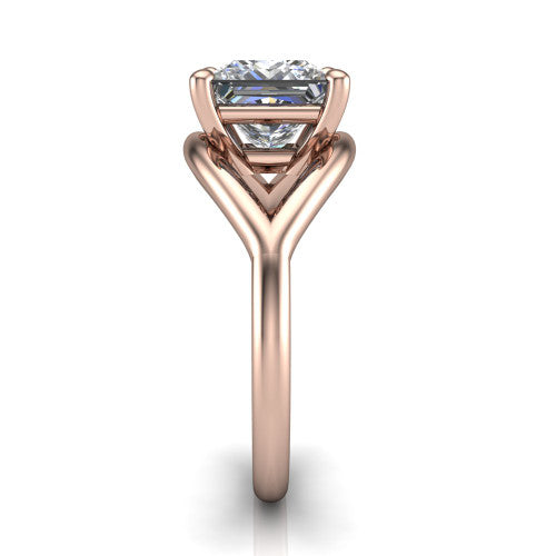 Margot princess solitaire engagement ring in 18K Rose Gold, side profile showing the marquise leaf split shank and slim polished band