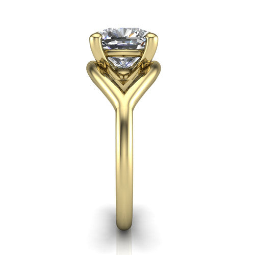 Margot cushion solitaire engagement ring in 18K Yellow Gold, side profile showing the marquise leaf split shank and slim polished band