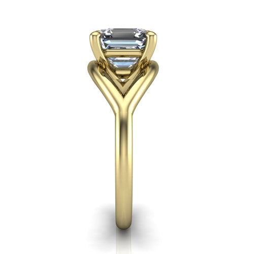 Margot square emerald solitaire engagement ring in 14K Yellow Gold, side profile showing the marquise leaf split shank and slim polished band