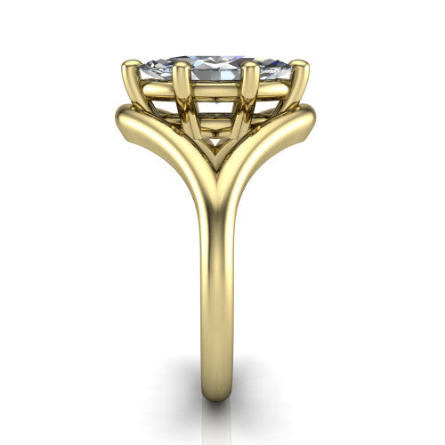 Margot marquise solitaire engagement ring in 18K Yellow Gold, side profile showing the marquise leaf split shank and slim polished band