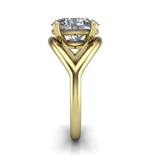 Margot oval solitaire engagement ring in 14K Yellow Gold, side profile showing the marquise leaf split shank and slim polished band