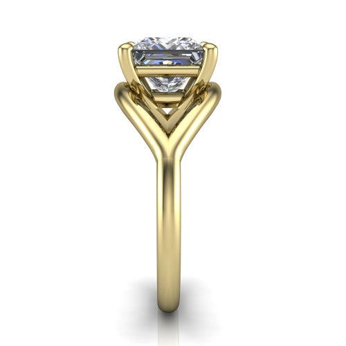 Margot princess solitaire engagement ring in 18K Yellow Gold, side profile showing the marquise leaf split shank and slim polished band