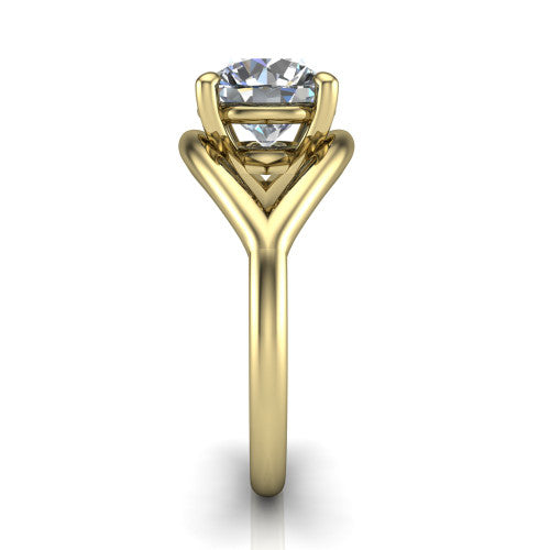 Margot round solitaire engagement ring in 18K Yellow Gold, side profile showing the marquise leaf split shank and slim polished band