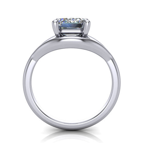 Margot emerald solitaire engagement ring in Platinum, through-finger front profile showing the split shank arms and open under-gallery
