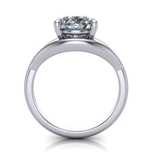 Margot oval solitaire engagement ring in Platinum, through-finger front profile showing the split shank arms and open under-gallery