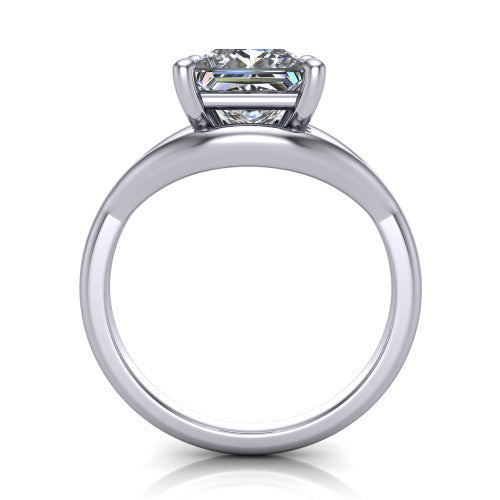 Margot princess solitaire engagement ring in Platinum, through-finger front profile showing the split shank arms and open under-gallery