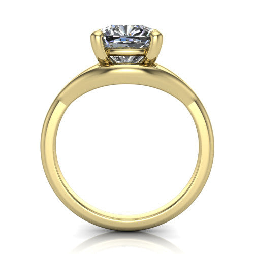 Margot cushion solitaire engagement ring in 18K Yellow Gold, through-finger front profile showing the split shank arms and open under-gallery