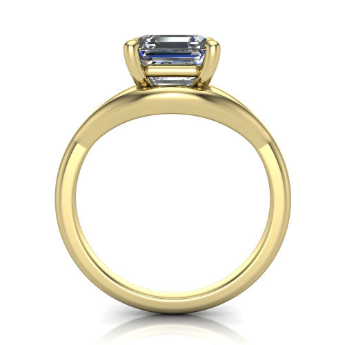 Margot square emerald solitaire engagement ring in 14K Yellow Gold, through-finger front profile showing the split shank arms and open under-gallery