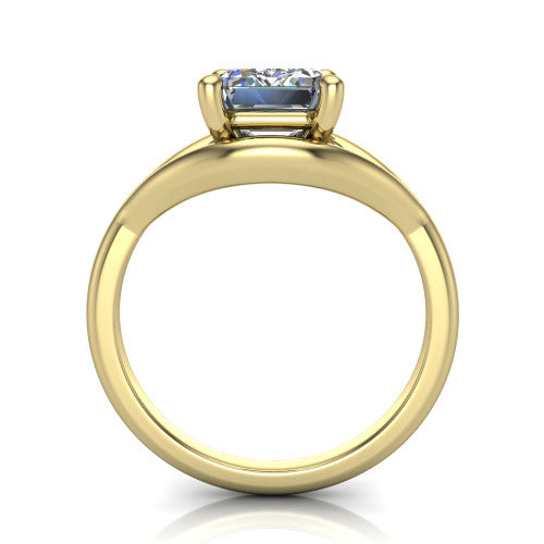 Margot emerald solitaire engagement ring in 18K Yellow Gold, through-finger front profile showing the split shank arms and open under-gallery