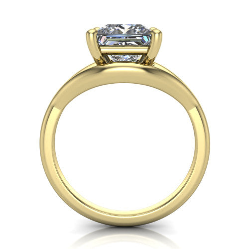 Margot princess solitaire engagement ring in 18K Yellow Gold, through-finger front profile showing the split shank arms and open under-gallery